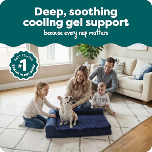 Image of FurHaven Cooling Gel Dog Bed for Medium Dogs, L-Shaped Chaise with Cool Gel-Top Foam with a Solid Orthopedic Foam Base for Joint Support, Washable Cover, Medium, Plush & Velvet, Deep Sapphire
