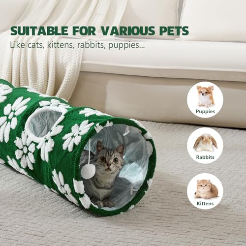 Image of Straight Cat Tunnel for Indoor Cats 47 inchx12 inch, Cute Cat Toys Collapsible Tunnel Tube with Balls for Puppy Kitten Rabbit, Green Flower