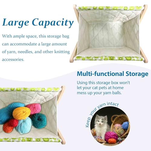 Image of Yarn and Needles Large Size Yarn Storage Organizer for Yarn Skeins,Crochet Organizer for Crochet Hooks Knitting Needles,100% Quilted Cotton with Fold-up Wooden Frame