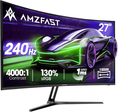 Amzfast Ecran PC Gamer Incurvé 27 Pouces - 240Hz, FHD 1920x1080, 1ms MPRT, sRGB 130%, Anti-Lumière Bleue, HDR, Adaptive Sync, HDMI 2.0/DP 1.4, VESA 100x100,...
