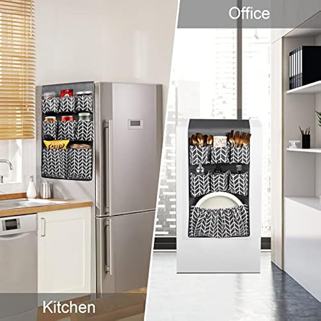 Mini Fridge Organizer 65 x 12.6, Mini Fridge Caddy with 15 Large Pockets, Over the Refrigerator Caddy Storage for Dorm, Pantry, Office, Plate, Silverware, Spice, Cutlery, Bottles, Napkins (Grey)