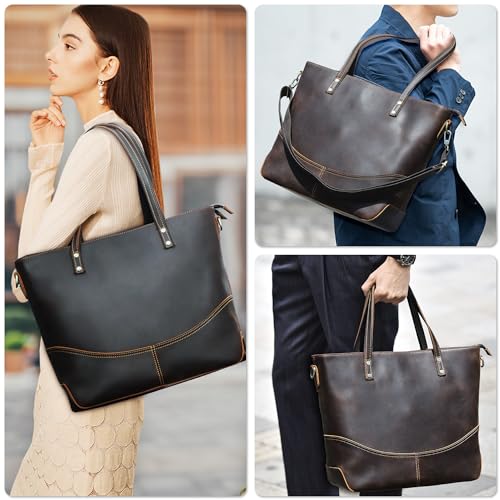 Image of Top Grain Leather Text Customizable 14.2 inch Laptop Tote Bag Briefcase, Retro Design & Adjustable Strap, Fits to 14.2 inch MacBook Pro /Air, Shoulder Bag Handbag for Office /Travel, Coffee 14.2 Inch