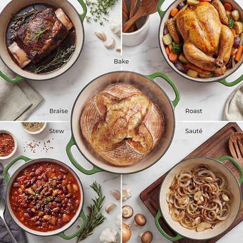 Image of Zulay Kitchen 6.4QT Enameled Cast Iron Dutch Oven Pot with Lid, Heavy-Duty Soup Pot for Stews, Braising, Roasting & Sourdough Bread Baking, Oven Safe up to 500F - Green