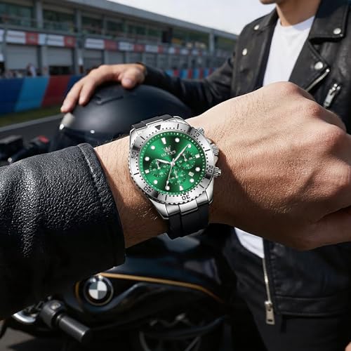 OLEVS Watches for Men Big Face Chronograph Quartz Wrist Watch with Black Silicone Band, Waterproof Luminous Sport Casual Watch with Date, Luxury Stainless Steel Bezel Green Face Dress Mens Watches by OLEVS - Used condition - Image 2