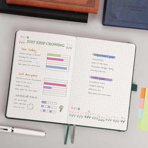 RETTACY Notizbuch A5 Kariert, Dickes Raster Notizbuch, Leder Hardcover 320 Seiten, 100gsm kariertes Papier, Innentasche, für Büro Schule Arbeit Frauen Männer Arbeit, 14.5 x 21cm-Dunkelgrün