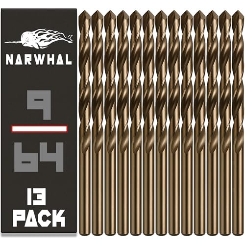 Narwhal 9/64 Inch Cobalt Drill Bits (13 Pack - Industrial Grade M35 Cobalt) 2-3/4 Length & 135 Degree Split Point for Drilling Into Metal Hardened & Stainless Steel Cast Iron & More!