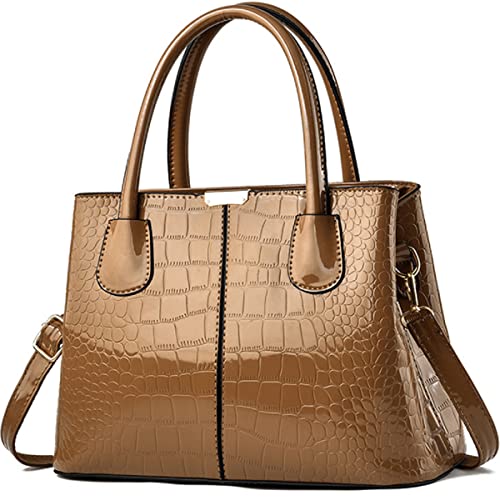 XingChen Bolsa de mão e bolsa feminina de couro envernizado, bolsa de ombro com estampa de crocodilo e alça superior, Dourado, One Size
