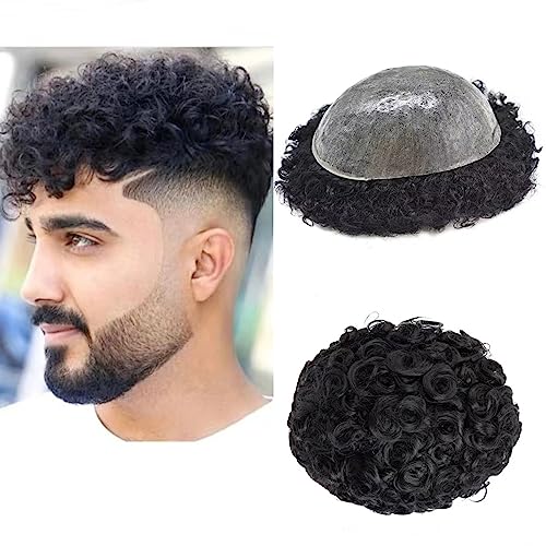 Mens Toupee 20mm Curly Wave 100% Human Hair 8x10 Wavy Kinky Hair System Full Pu Replacement System (20mm Curly Wave-1B# Natural Black)