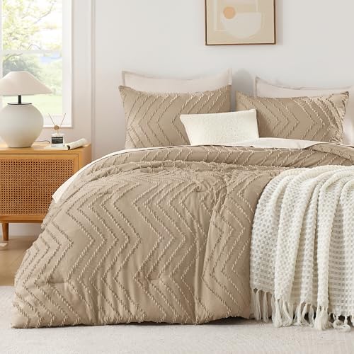 Image of Andency Taupe Comforter Set Full Size, Boho Soft Warm Tufted Bedding Comforter Sets for Full Size Bed, 3 Pieces Aesthetic Chevron Farmhouse Cute Bohemian Textured Bed Set