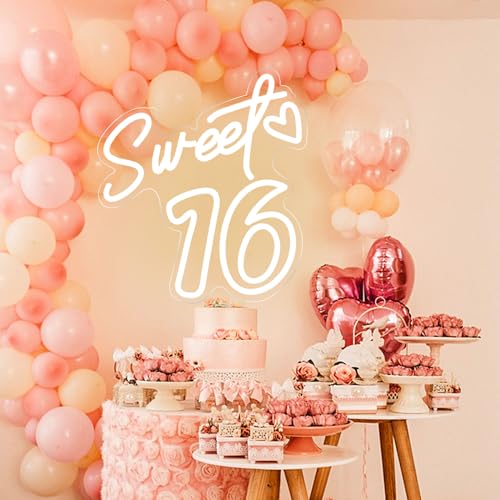 Image of Sweet 16 Neon Sign for Wall Decor Personalized Sixteen Birthday Light Sweet 16 LED Light Sign Sweet Girl Bedroom Happy Birthday Party Wall Decor Party Gift Warm White
