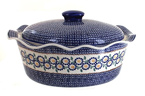Blue Rose Polish Pottery Peach Blossom Large Oval Baker with Lid