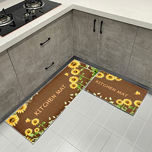 AVJWWD Tapis de Cuisine - Antidérapant - Motif tournesols - Lavable - avec Motif tournesols Jaunes - Tapis pour la décoration de la Maison (Tournesol - Marron) Cover