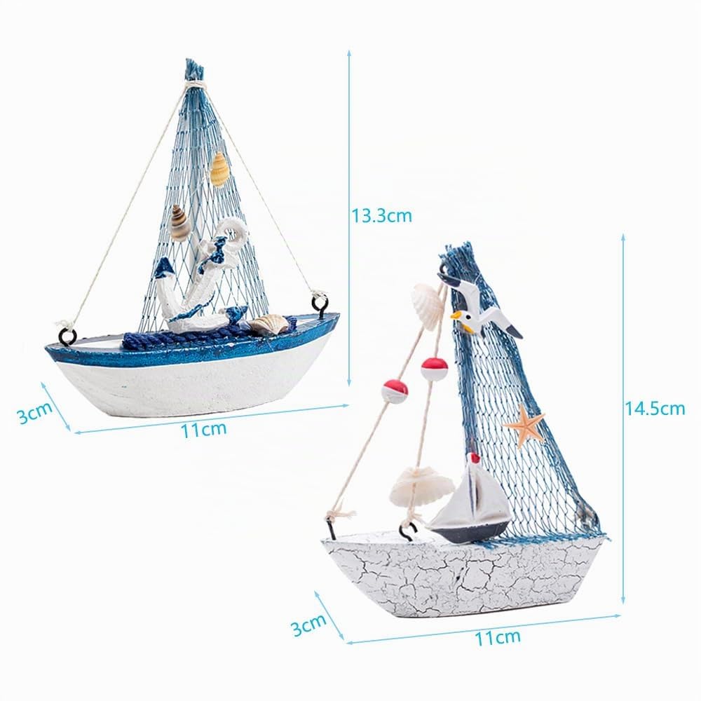 JAWSEU Mini Voilier En Bois - Décoration Nautique 14 Cm - Ornement Table Avec Filet Et Coquillages - 8 Modèles Disponibles