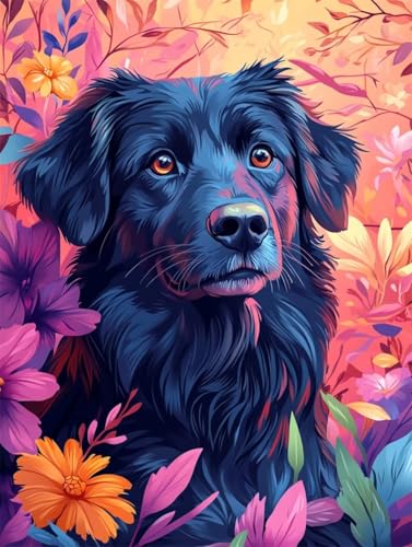 Broderie Diamant Chien de Berger Noir Fleur | Kit Peinture Diamant 5D Grand Format Foret Rond