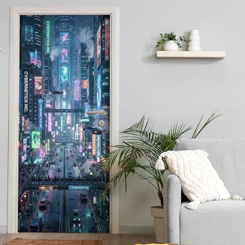Türtapete selbstklebend | 200 x 90 cm Futuristische Stadt, Cyberpunk | Tür Aufkleber Poster Türfolie | Einteilig | Wasserfest 3D Türaufkleber Klebefolie Wandtattoo