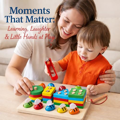 Image of 4 in 1 Wooden Fishing, Bee Catching, Shape Sorting & Stacking Toy | Montessori Magnetic Learning for Brain Development & Fine Motor Skills for Kids 1-5 Years
