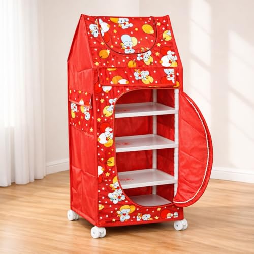 Image of Multipurpose Baby Wardrobe Organizer with 4 Shelves | Baby Clothes Organizer & Storage | Baby Almirah /Almera Plastic Cupboard for Clothes, Foldable (Unbreakable Material) | Cherry Red