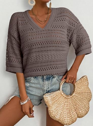 Image of Acelitt Crochet Tops for Women Summer Short Sleeve Sweater