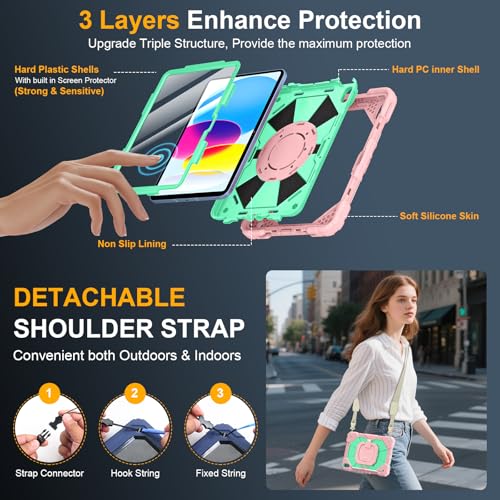 Image of Case for iPad (A16) 11th Generation 11 Inch 2025, Ubearkk for iPad 10th Generation 10.9 inch 2022 case with Screen Protector 360 Degree Rotating Stand Shoulder Strap Pencil Holder, Rose Mint