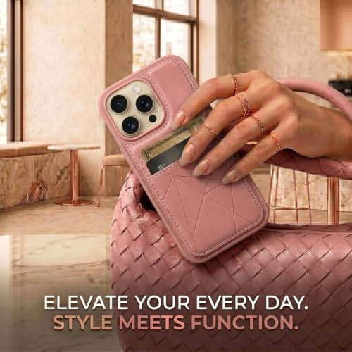 Image of amazon basics Premium Vegan Leather Back Cover with Card Holder and Integrated Mobile Stand for iPhone 16 Pro - Slim Shockproof Wallet Case with Geometric Stitching [Pink]