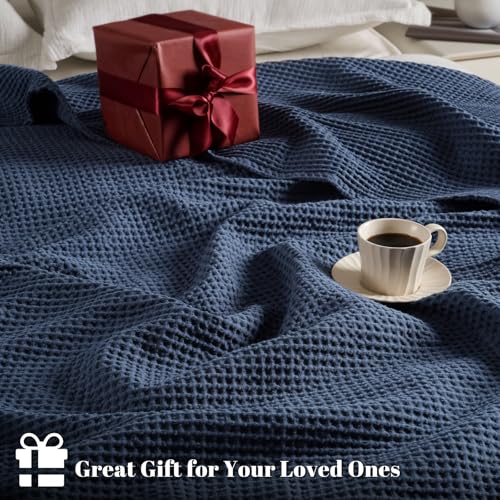 Image of PHF 100% Cotton Waffle Blanket Lightweight Breathable, Queen Size Dark Navy | Pre-washed Soft Cozy Summer Throw for Hot Sleepers, Textured Decorative Layer for Bed Couch Sofa Guest Room, Giftable