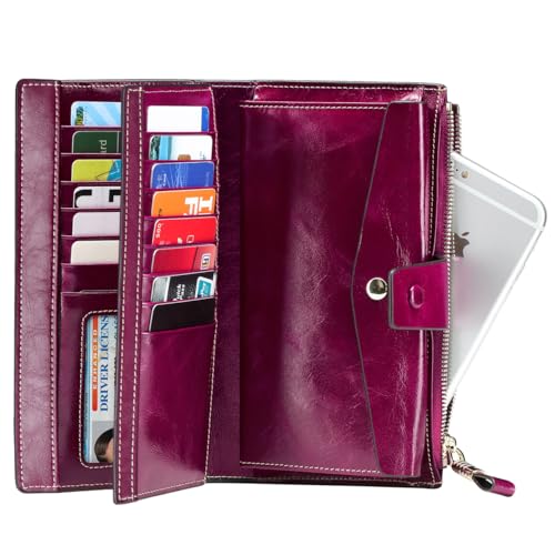 Image of Itslife Womens Wallet RFID Blocking Large Capacity Luxury Wax Genuine Leather Wallets Clutch Wallet Ladies Card holder, Fuchsia