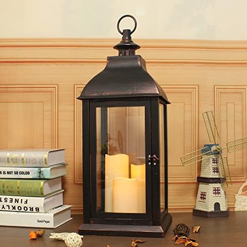 1Pack Decorative Lantern 24.80" H with Dancing Flame LED Timer Candle,ON/Off/Timer LED Candle with 6hours,Hanging Lantern for Outdoor Garden/ Indoor Use.