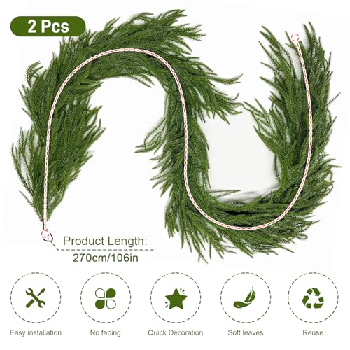 2Pcs 9FT Norfolk Pine Garland Christmas Dense Winter Pine Garland Green Artificial Faux Greenery Real Touch Garlands for Mantle, Wall, Table, Home Xmas Holiday Decor by LWuuywa - Image 2