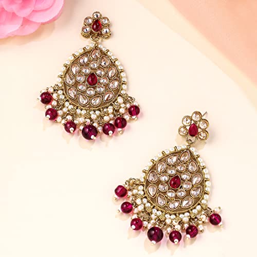 Image of Yellow Chimes Ethnic Gold Plated Meenakari Traditional Kundan Studded Floral Design Pearl Chandbali Earrings for Women and Girls