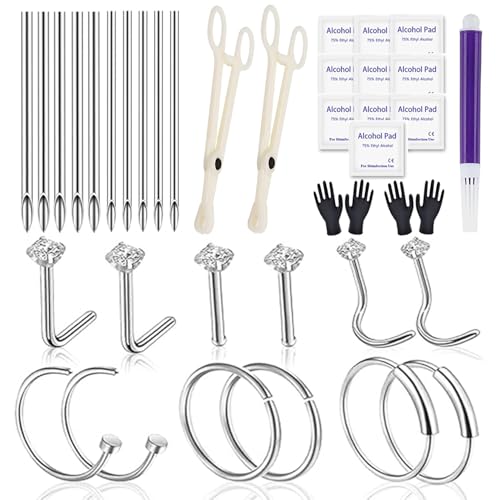 Yugui Nose Piercing Kit 20G Nose Septum Piercing Rings Nails and 18G Piercing Needles Disposable Piercing Clamps Gloves Clean Pads Home DIY Self Body Piercing Tools Kit Supplies