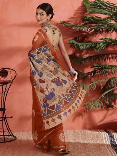 Image of Satrani Women's Linen Printed Saree with Unstitched Blouse Piece