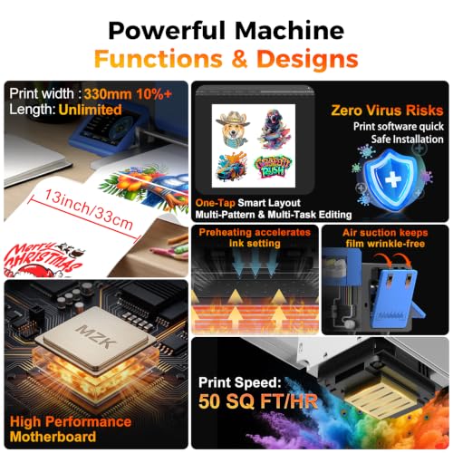 Image of MZK A3+ DTF Printer with I3200 HD printhead-Auto Cleaning Maintenance+Ink Anti-Clog Filter,3X Speed vs L1800 DTF Printer,5 inch Rotatable Touch Screen,Dual Ink Level Alert,Film Cutter,Gift Ink 2 Years