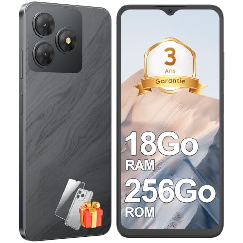 Ausriray Telephone Portable Android, 18Go+256Go/TF 2To Octa Core Smartphone | Écran 6.56" HD+, Batterie 5000mAh, 13MP+8MP, Smartphone Pas Cher 4G Dual SIM, Face ID/GPS/3Ans De Garantie - Noir