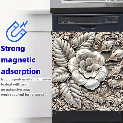 Image of HOMETITUTE Embossed Floral Magnetic Dishwasher Cover 23x26 Inch Decorative Appliance Panel Door Wrap for Kitchen Metal Surface Dishwasher Magnet Sticker Leaf Blossom Relief Design