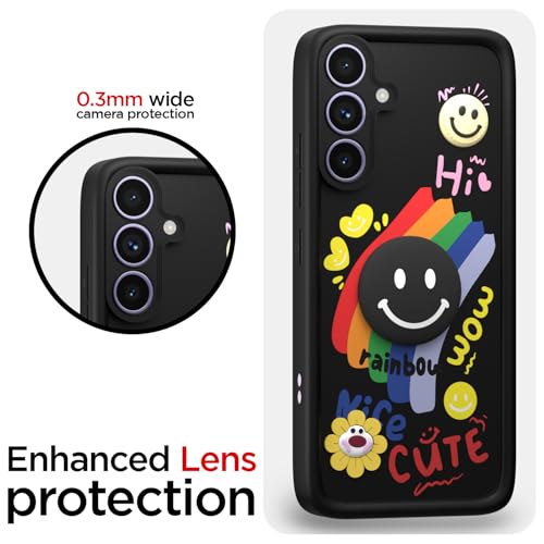 Image of Pikkme Back Cover for Samsung Galaxy A34 5G | Soft Silicone| Cute Rainbow Smile & 3D Cartoon Flower Design | Shockproof Raised Camera Protection Bumper Case (Black)