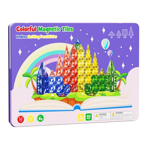 60pcs Magnetische Tiles 5cm Diamant-Facetten mit Metall-Aufbewahrungskoffer Bauplatte Reisespielzeug STEM Konstruktionsspielzeug ab 3 Jahren Magnetische Bausteine Lernspielzeug Bauset Geschenk