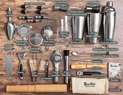 Barillio Mixology Bartender Kit Cocktail Shaker Set | Complete Bar Tool Set Stainless Steel Barware Essentials | Martini Boston Mixer Muddler Mixing Spoon Jigger Strainer Pourers - Thumbnail 2