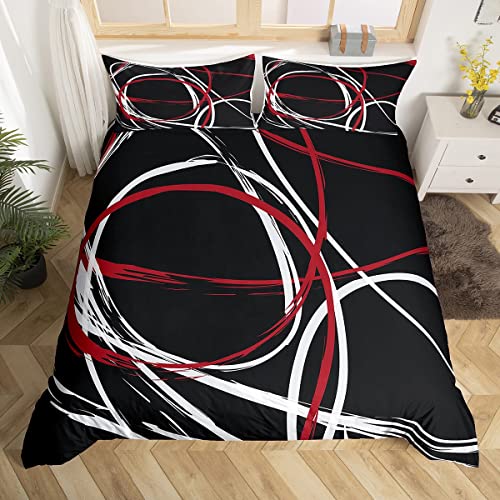 Abstract Spiral Stripes Duvet Cover Set King Size,Modern Red Black White Comforter Cover With 2 Pillowcases,3 Piece,Geometric Circle Bedding Set For Adult Young Bedroom Xmas Gift #TOP16