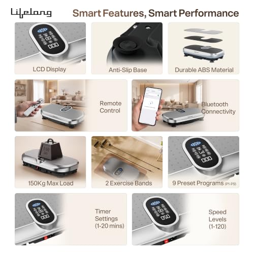 Image of Lifelong Vibration Plate Exercise Machine with Remote & Resistance Bands |Home & Gym Full Body Massager Machine for Pain Relief, Tone Muscles & Weight Loss| 9Programs, 120Speeds, 20Timers, Bluetooth