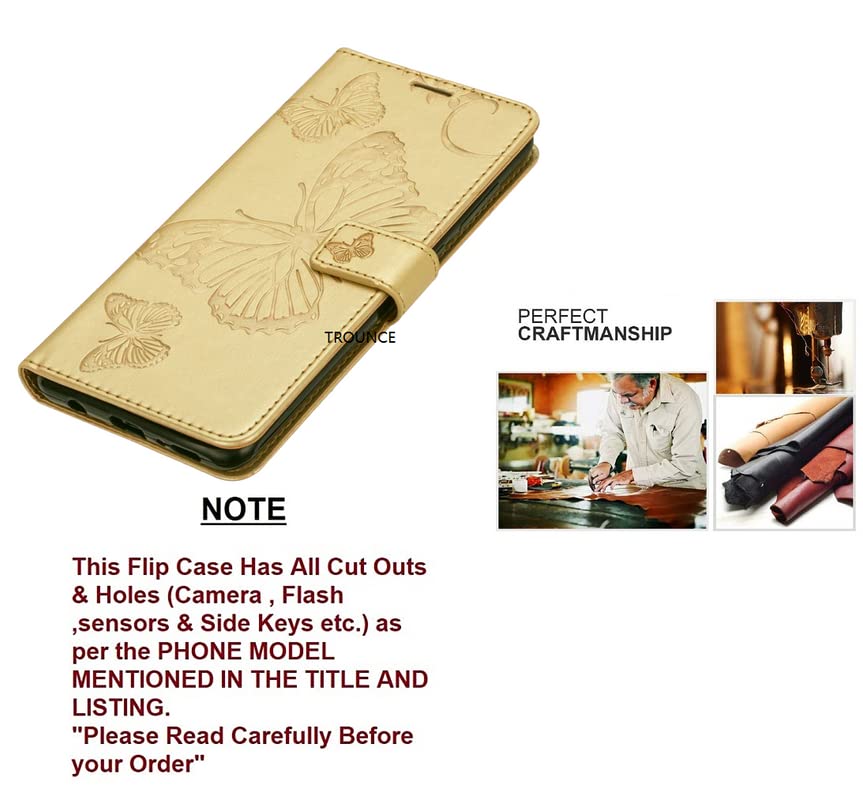 Image of TROUNCE Butterfly Embossing Shock Proof Flip Cover with Card Cash Holder Wallet Case & Magnetic Lock|Mobile Cover|Back Cover- Gold for Samsung Galaxy A54 5G