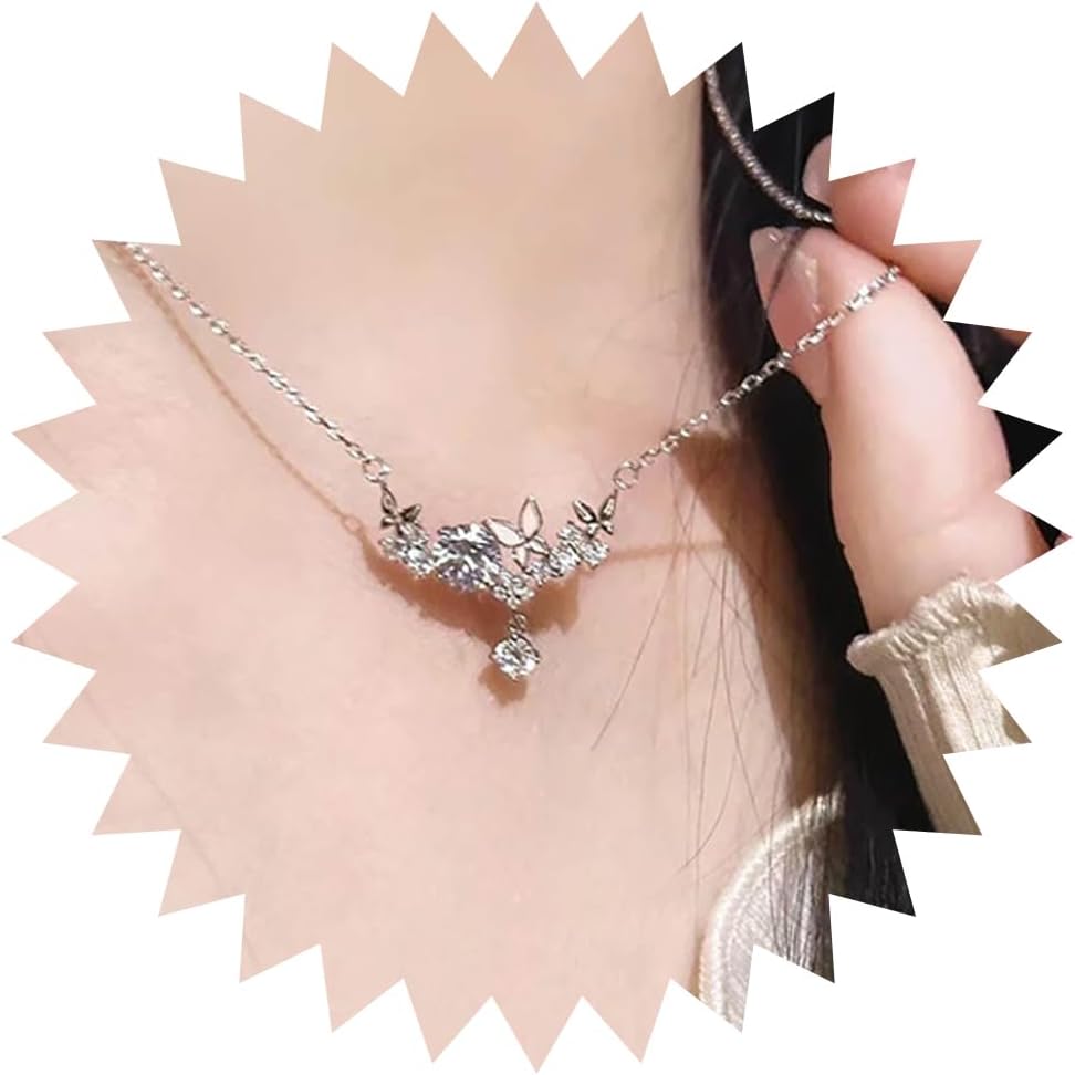 Bohemian Crystal Butterfly Flower Choker Necklace Silver Cz Butterfly Pendant Necklace Pink Enamel Butterfly Collar Necklace Rhinestone Flower Chain Necklace Jewelry for Women Gifts