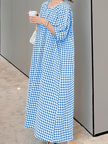 Image of chouyatou Women's Casual Gingham Loose-Fit Swing Dress Cotton Lantern Puff Sleeve Plaid Midi Long Dress