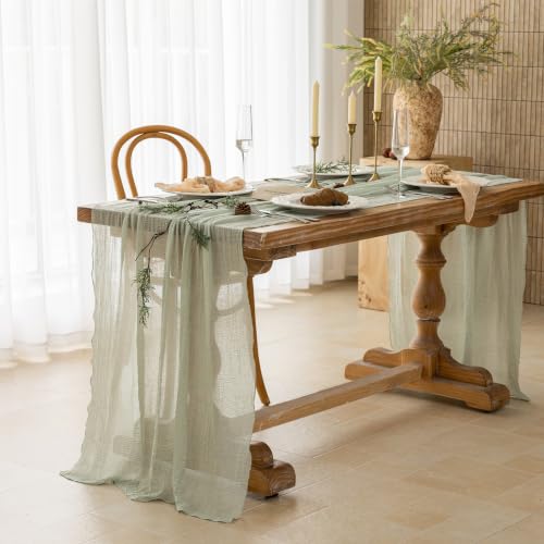 Image of 2Pcs Sage Green Cheesecloth Table Runner 120 Inches for Party Home Decor