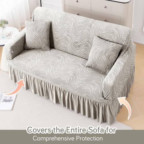 Image of HOKIPO 240 GSM Premium Jacquard Sofa Cover 2 Seater Fully Covered, 'Serene Wave Series' Vanilla Beige (AR-6353-CRM)