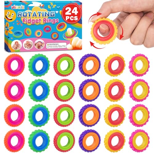 Sensory Toys Fidget Rings for Kids, 24 Pack Finger Spinner Rings for Kids with Autism, Quiet Fidgets for Classroom Prizes Stocking Stuffers Party Favors