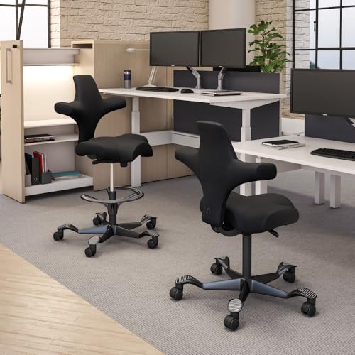 Image of HAG Capisco Sit to Stand Chair-Black Frame-Upholstered Midnight Black-with Foot Ring