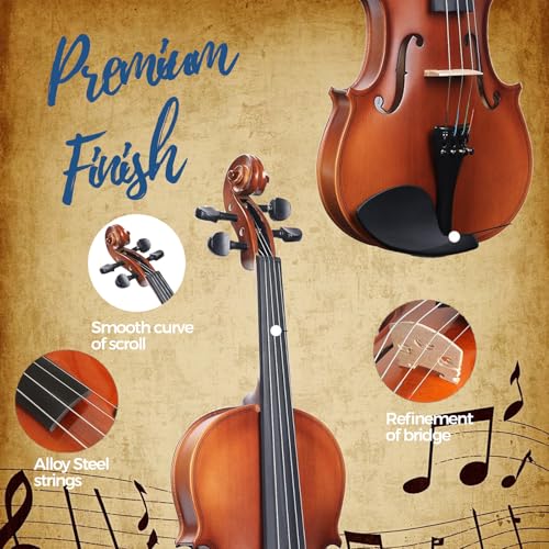 MA250 16-Inch Solid Wood Varnished Viola - Handcrafted 4/4 Size Acoustic Viola for Adults/Students with Case, Bow, Rosin, Bridge & Strings - Thumbnail 4