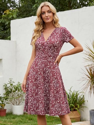 Image of MSBASIC Womens Summer Wrap V Neck Casual Dresses Floral Short Sleeve A-Line Midi Sundress