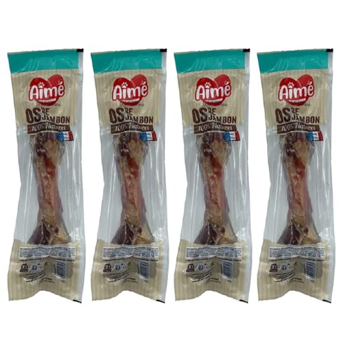 Aimé – Hueso para Perro con jamón – Pack de 4 – Huesos para Masticar para Perro 100% Natural y golosinas para Todas Las Razas y Todas Las Edades – Recompensa