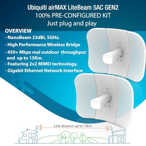 Image of Wireless Bridge LBE-5AC-GEN2 PRE-CONFIGURED Bundle of 2 Ubiquiti LiteBeam 5AC GEN2, 2 Units Kit 100% Configured as Outdoor Point-to-Point Wi-Fi Bridge, Access Point, 450+ Mbps Speed, 15+ km Range,.